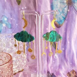 Funky Cloud with Moon and Stars Dangle Earrings in Green